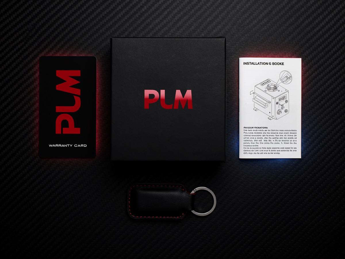 Kit PLM: caja negra, tarjeta de garantía, instructivo y llavero de cuero